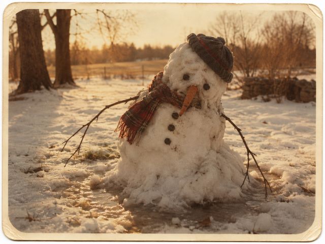 A snowman melting in the sun
